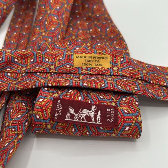 Hermes 100% Silk Geometric Stars Red and Blue Men's Tie 7662 TA - Picture 4 of 5